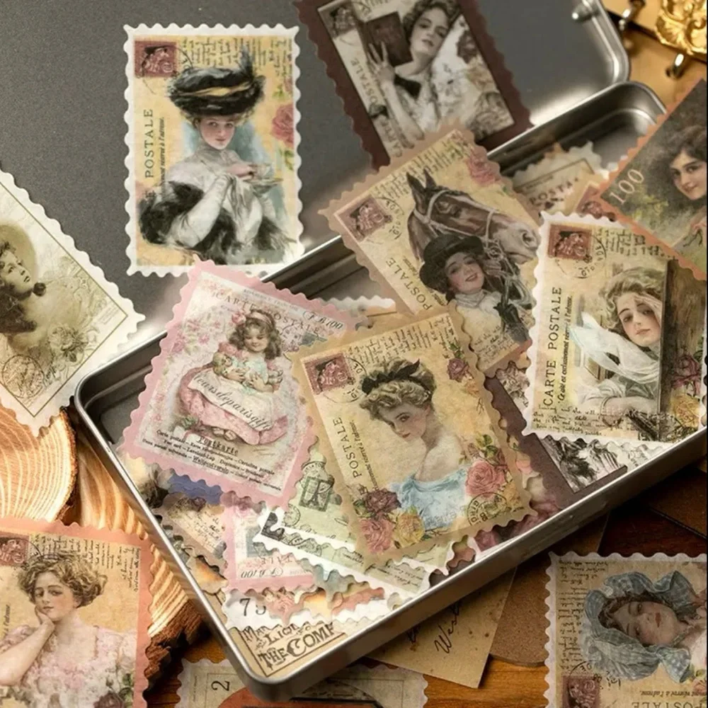 Set Of 60 pcs Vintage Style Stamp Stickers Adorable‎ Designs For DIY Scrapbooks